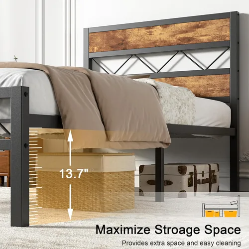 Miniatura 5 de VECELO Base de cama tamaño individual con cabecero, plataforma resistente con soporte de listones de metal, no necesita somier, fácil montaje, negro