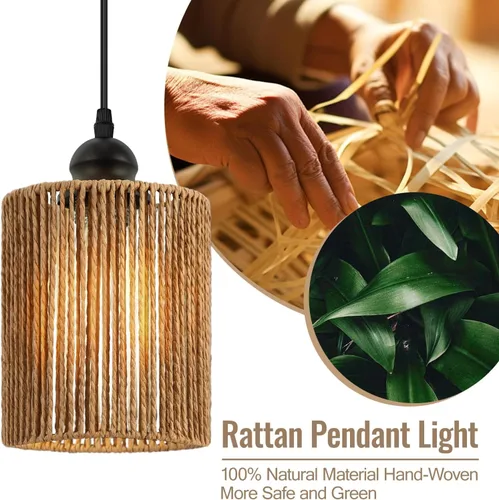 Miniatura 3 de BoostArea Luces Colgantes de Ratán para Isla de Cocina, Candelabro de Estilo Rústico con Pantalla de Mimbre Tejida a Mano, Luz Colgante Bohemia