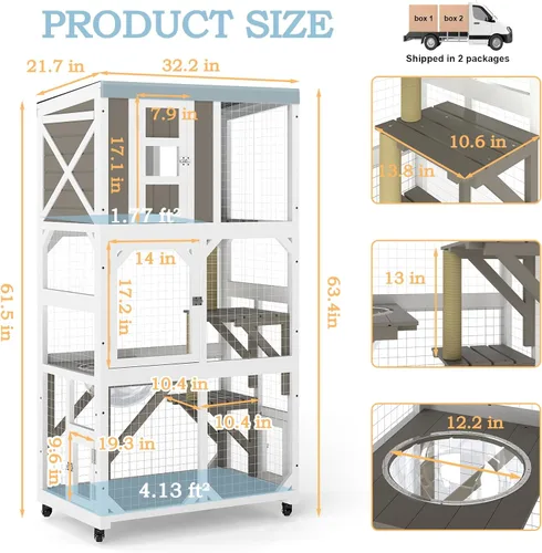 Miniatura 2 de Ketive Catio grande de madera para exteriores de 64", casa para gatos de ventana con ruedas y 3 plataformas, jaula para gatitos con techo resistente