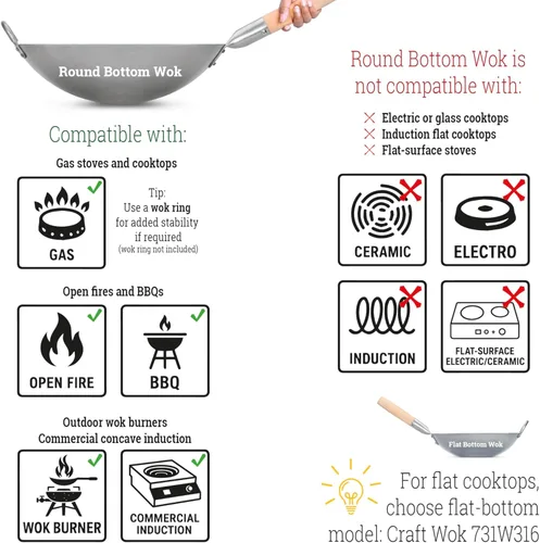 Miniatura 2 de Craft Wok 731W88 wok de acero al carbono, tradicional, martillado a mano, con manija de acero y madera (14 in, base redonda)