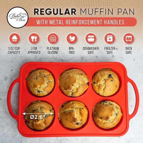 Miniatura 4 de BAKE BOSS Molde de silicona para magdalenas con asas, 6 tazas de tamaño regular, moldes de silicona perfectos para hornear recetas de muffins keto