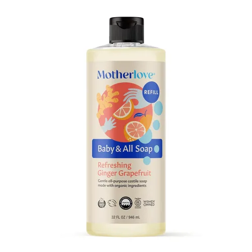 Motherlove Jabón para bebé y todo uso (32 oz) Jabón de Castilla de espuma suave multiuso hecho con ingredientes orgánicos – Refrescante jengibre y