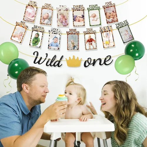 Miniatura 6 de Decoraciones de primer cumpleaños de dinosaurio, cartel de fotos de primer cumpleaños para bebés de recién nacido a 12 meses, decoraciones