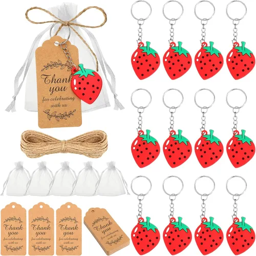 Jadive 24 juegos de llaveros de fresa para fiestas con etiquetas de agradecimiento, bolsas de organza para baby shower, despedida de soltera, boda,