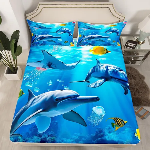 Miniatura 14 de Erosebridal Juego de sábanas bajeras de pulpo oceánico, tamaño individual, juego de ropa de cama temática de playa costera, decoración náutica