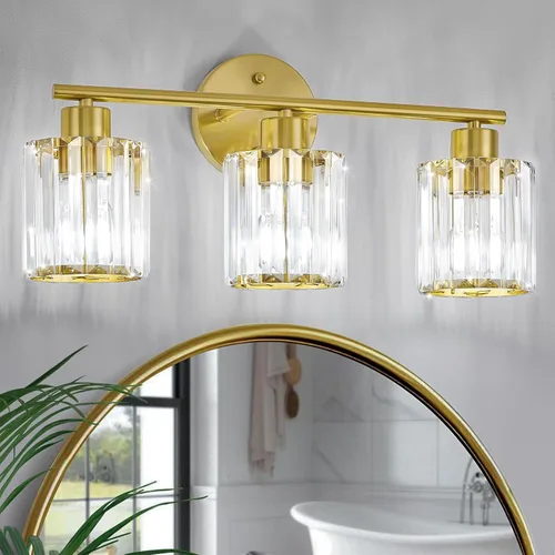 Lámparas de baño de cristal, accesorios de iluminación de baño sobre el espejo, modernas luces doradas de 3 luces para espejo, baño, cocina (enchufe