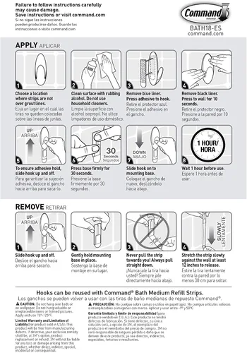 Miniatura 10 de Command Ganchos medianos de baño, capacidad de 3 libras, 2 ganchos, 2 tiras, organizan sin daños Blanco