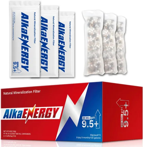 AlkaEnergy - Paquete de 3 bolsas de filtro de agua alcalinas | pH 9.5, aumenta el pH del agua, añade minerales esenciales para hidratación y
