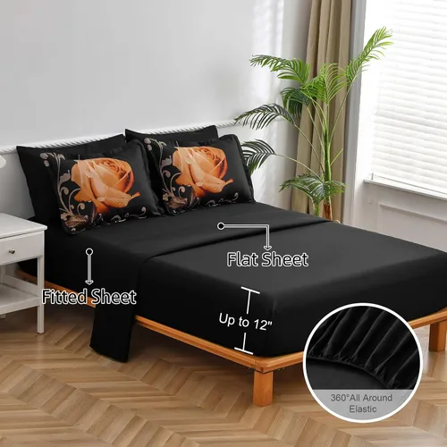 Miniatura 3 de Xruibed Juego de edredón floral tamaño King de 7 piezas en una bolsa, edredón de flores de rosa naranja con juego de sábanas de microfibra suave