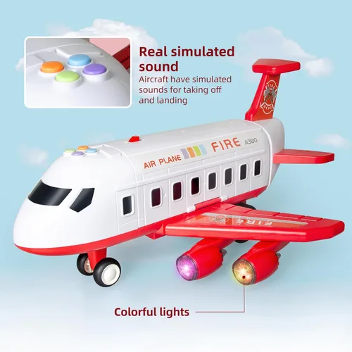Miniatura 3 de Juguete de avión con pista de carreras plegable de 4 capas, avión de transporte con 6 autos de carreras, luces LED y sonidos, juguetes para niños