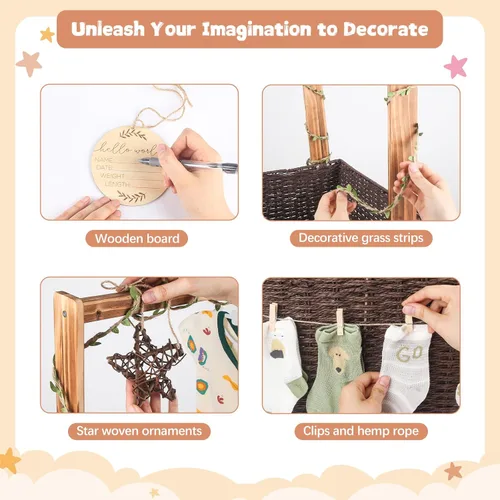 Miniatura 4 de Wisreach Cajón de madera para baby shower de armario, caja de almacenamiento para bebés con asa, cesta de almacenamiento plegable tejida a mano