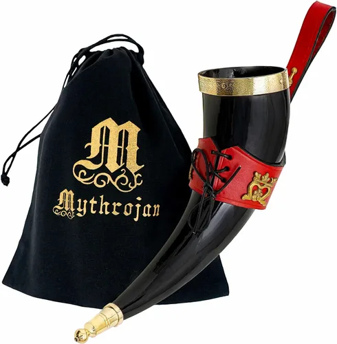 Miniatura 18 de Mythrojan Cuerno vikingo para beber 100% natural, auténtico, decoración de latón, cuerno nórdico con funda de cuero negro, bolsa de lona para vino