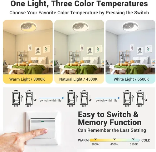 Miniatura 4 de Lámparas de techo de 12 pulgadas, lámparas creativas de luna y estrella para dormitorio, 3 temperaturas de color seleccionables, lámparas de techo