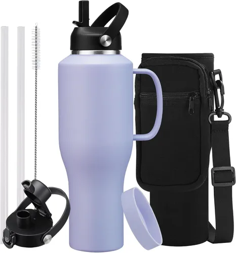 Miniatura 38 de Botella de agua de acero inoxidable de 32 onzas, frío-48 horas y caliente-24 horas, termo con popote y tapas de boquilla, bolsa, botella aislada al