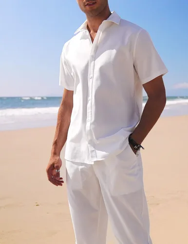 Miniatura 3 de COOFANDY Men's Linen Set Beach 2 Pieces Casual Outfits Button Up Shirts Drawstring Pants