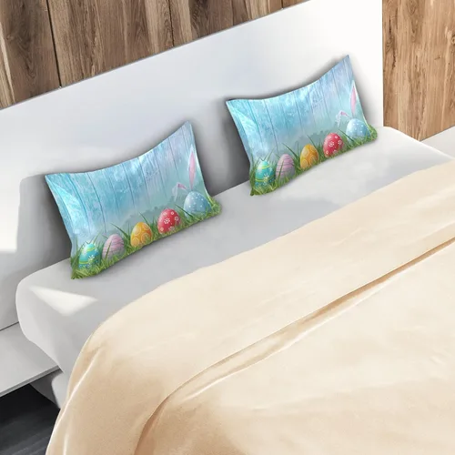 Miniatura 7 de Nander Funda de almohada de satén estándar de Pascua, huevos coloridos y orejas de conejo, funda de almohada para el hogar, funda de almohada suave
