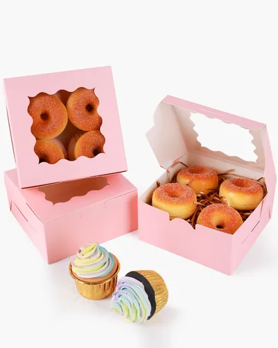Miniatura 3 de qiqee Caja de panadería rosa con ventana, 100 paquetes de 6 x 6 x 3 pulgadas, cajas de galletas rosas para pastelería para bodas, cumpleaños