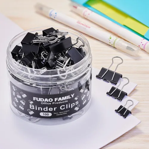 Miniatura 6 de 100 clips para carpetas de varios tamaños, abrazaderas de papel negro, mediano, pequeño, mini 3 tamaños con caja para oficina, escuela y hogar