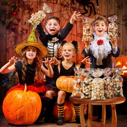 Miniatura 5 de Pajean Bolsas de celofán de Halloween a granel, bolsas de plástico para violonchelo con lazos giratorios, suministros de fiesta temática