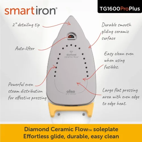 Miniatura 7 de Oliso TG1600 Pro Plus SmartIron de 1800 vatios con elevación automática (amarillo) y protector de suela de hierro de silicona solemate Oliso