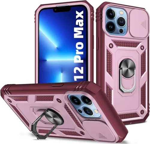 Korecase Funda de protección para iPhone 12 Pro Max Kickstand con cubierta para lente de cámara, deslizante, grado militar, resistente, de doble Rosa