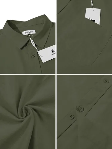 Miniatura 4 de JEKAOYI - Camisas de lino con botones para hombre, de manga larga, ajuste regular, de algodón, camisas de playa con bolsillo
