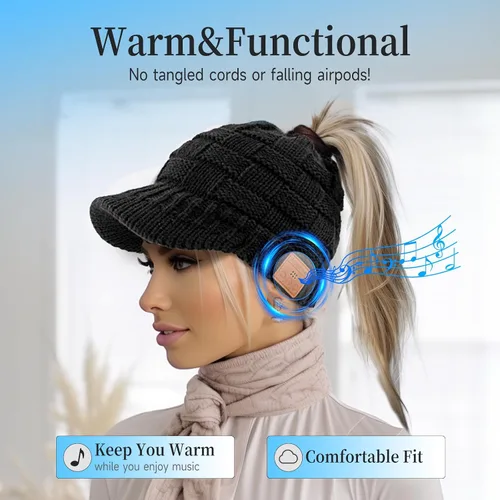 Miniatura 3 de Gorro Bluetooth para mujer con agujero para cola de caballo, gorro con auriculares integrado, micrófono integrado, regalos para mujer, W2-negro