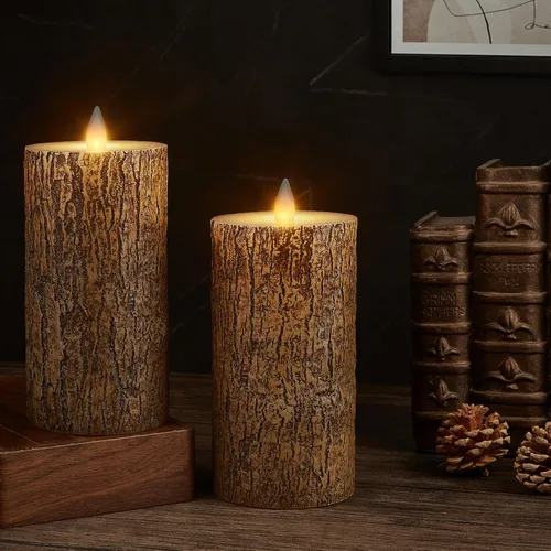 Miniatura 9 de Velas de pilar sin llama de cera de corteza marrón con temporizador remoto, velas LED de llama móvil 3D de hasta 400 horas con 2 pilas AA, juego