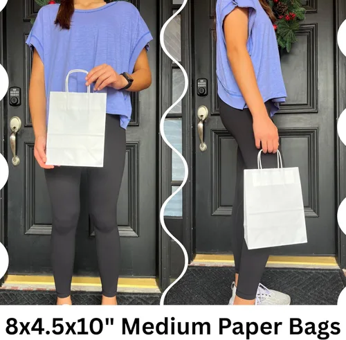 Miniatura 2 de Qutuus Bolsas de regalo de papel blanco con asas a granel, 25 bolsas de papel blanco medianas de 8 x 4.5 x 10 pulgadas para regalos, San Valentín