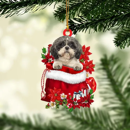 Talataca Lhasa Apso - Bolsa de regalo de Papá Noel en color rojo, 2D, accesorios para espejo retrovisor para automóvil, adorno para árbol de