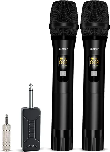 Micrófono inalámbrico, sistema de micrófono dinámico inalámbrico dual de mano de metal UHF Bietrun con receptor recargable, salida de 1/4 pulgadas,