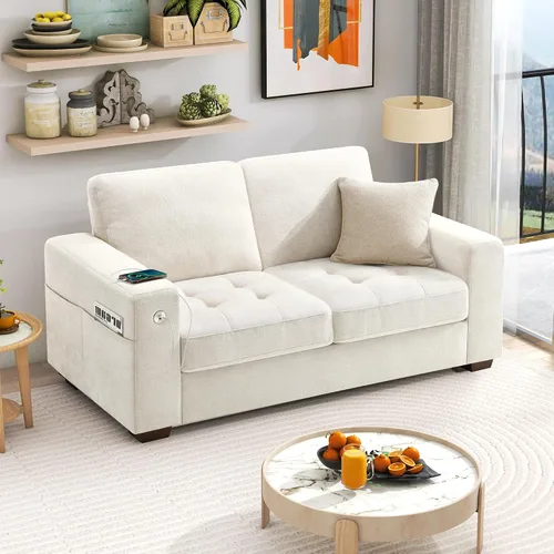 Miniatura 7 de HANHERRY - Sofá biplaza para sala, cómodo, con cojines de firmeza media, funda removible, descansabrazos ancho, puerto USB/Tipo C, tapizado en Beige