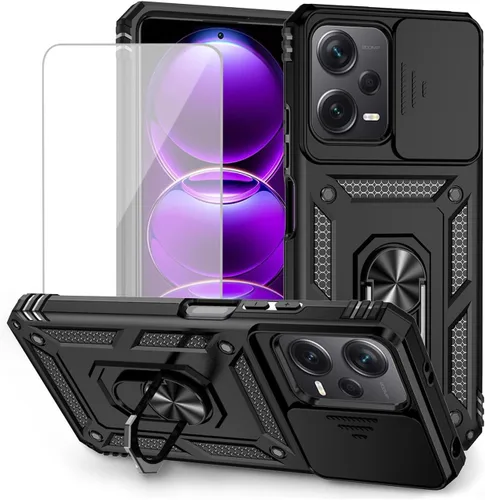 Funda para Redmi Note 12, funda Poco X5 5G con protector de pantalla de vidrio templado y cubierta de cámara deslizante, anillo magnético soporte de