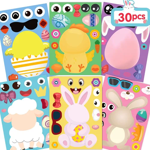 Joy Bang 30 hojas de calcomanías de Pascua para niños, manualidades de Pascua, juegos, actividades, haz tu propio huevo de Pascua, calcomanías de
