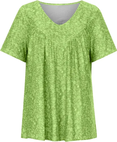 Floral Loose Fit Long Tshirts for Women Fall Summer Short Sleeve Crew V Neck Pleated Tee Shirt Tops Women 2024