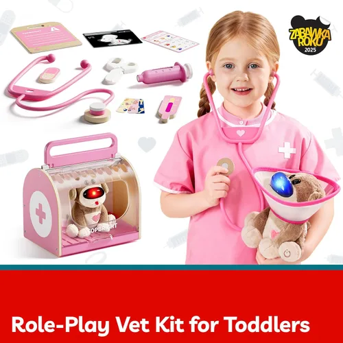 Miniatura 5 de TOP BRIGHT Kit de médico para niños pequeños de 3 a 5 años, juego de simulación con disfraz de veterinario rosa, kit de DR juguetes de vestir
