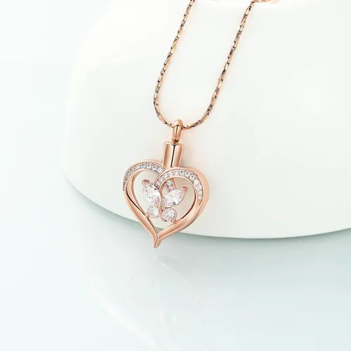 Miniatura 31 de Imrsanl Collares de urna de mariposa para mujeres y niñas, joyería de cremación con piedra natal, colgante para cenizas humanas, medallón