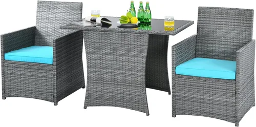 Miniatura 14 de HAPPYGRILL Juego de muebles de patio de 3 piezas, juego de mimbre de ratán PE para exteriores, con cojines lavables y mesa de vidrio templado