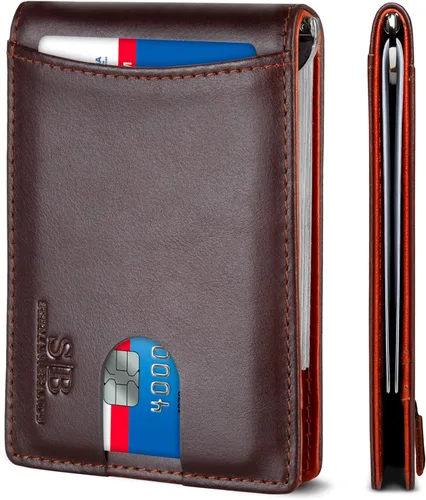 Miniatura 32 de SERMAN BRANDS - Billetera sencilla de cuero genuino con bloqueo RFID para hombre, billetera delgada con bolsillo frontal y clip para dinero