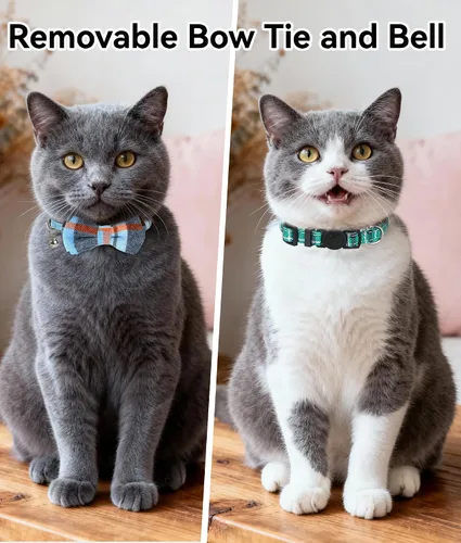 Miniatura 2 de Joytale Collar de gato mejorado con campanas, collares de gato separados con pajarita, paquete de 2 collares de seguridad a cuadros para niñas