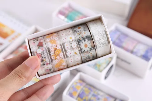 Miniatura 3 de YUBBAEX 5 rollos de juego de cinta adhesiva Washi con patrón floral PET Flores decorativas transparentes para manualidades, bricolaje, diarios