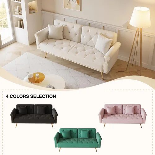 Miniatura 5 de Sofá cama tapizado de terciopelo, sofá cama convertible con dos almohadas para sala de estar, dormitorio, oficina en casa (beige)