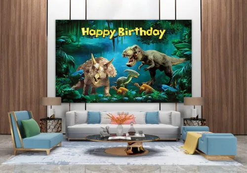 Miniatura 3 de Renaiss Cartel de feliz cumpleaños de 6 x 3.6 pies, decoración de fiesta de dinosaurios, jurásico, cretácico, selva, loca, aventura, fondo