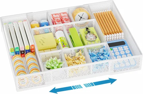 Miniatura 12 de Marbrasse Organizador de Cajón de Escritorio Expandible, Bandeja Organizadora de Cajón de Malla con 10 Compartimentos Ajustables, Organizadores