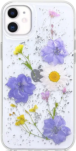 Miniatura 16 de Abbery Funda transparente para iPhone 11 con diseño de flores moradas, bonita funda protectora de silicona suave TPU real seca prensada floral