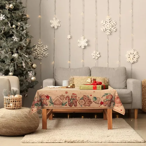 Miniatura 4 de Ganeen Manteles de Navidad de pan de jengibre de 52 x 70 pulgadas, mantel rectangular de arpillera de Navidad, mantel de tela de pan de jengibre