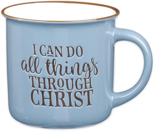 Regalos de Arte Cristiano Taza de Café de Cerámica Estilo Campamento Azul – 13 oz. Taza de Café y Té Inspiradora con Escritura y Versículo de la