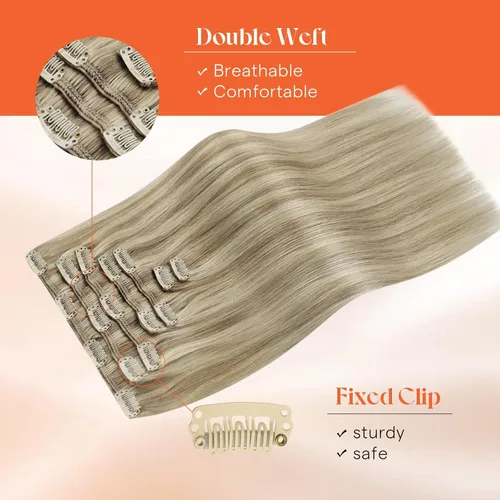 Miniatura 9 de Sunny Hair - Extensiones de clip de cabello humano - rubio claro mezclado con reflejos rubio dorado - 12 pulgadas, 5 unidades, 2.82 onzas