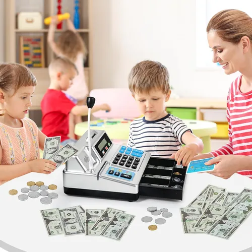 Miniatura 6 de Calculadora de caja registradora – Caja registradora de juguete de 103 piezas, juego de tienda con micrófono, tarjeta de crédito y banco para niños