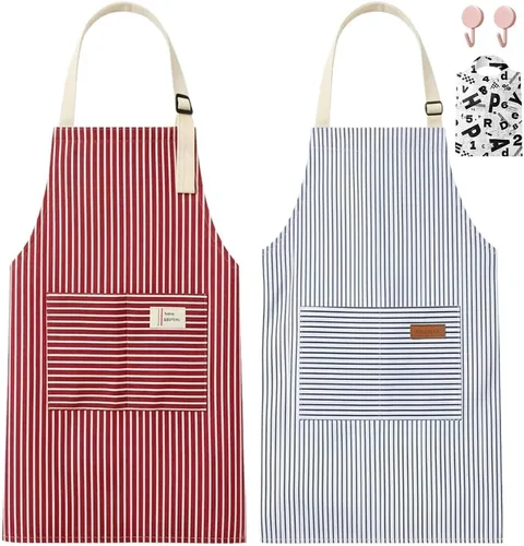 Miniatura 21 de Chef Apron Bib Apron with 2 Large Pockets Adjustable Neck Strap Kitchen Apron Cooking Apron Stripes Baking Apron